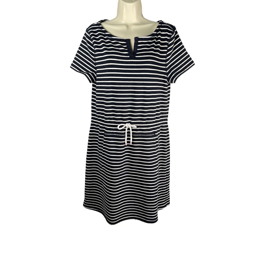 Talbots Dress Large Navy Striped Sparkle Drawstring Cover Up Terry Beachy Cruise